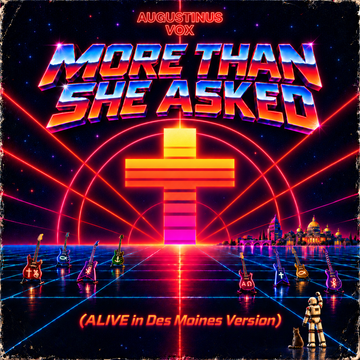 Square cover for More Than She Asked (ALIVE in Des Moines Version), with the Augustinus Vox logo above neon cross and guitars