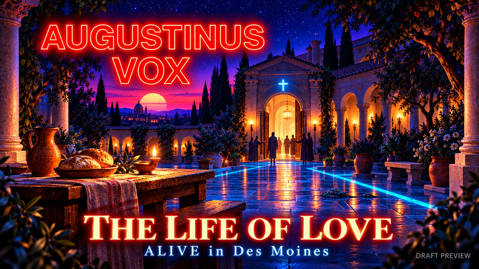 Stacked red neon Augustinus Vox logo above a lamplit courtyard with bread and a welcoming church doorway; The Life of Love, ALIVE in Des Moines, Draft Preview.